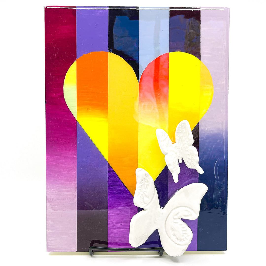 heart painting (medium) with purple and yellow tones and porcelain white butterflies